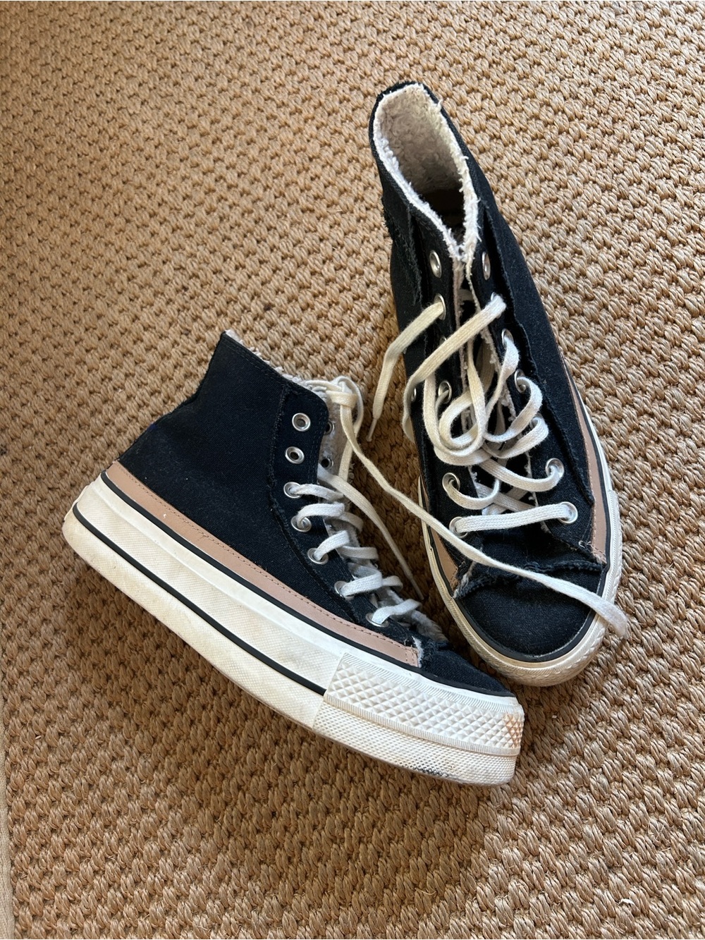 Black High-Top Canvas Sneakers with Pink Stripe Accent